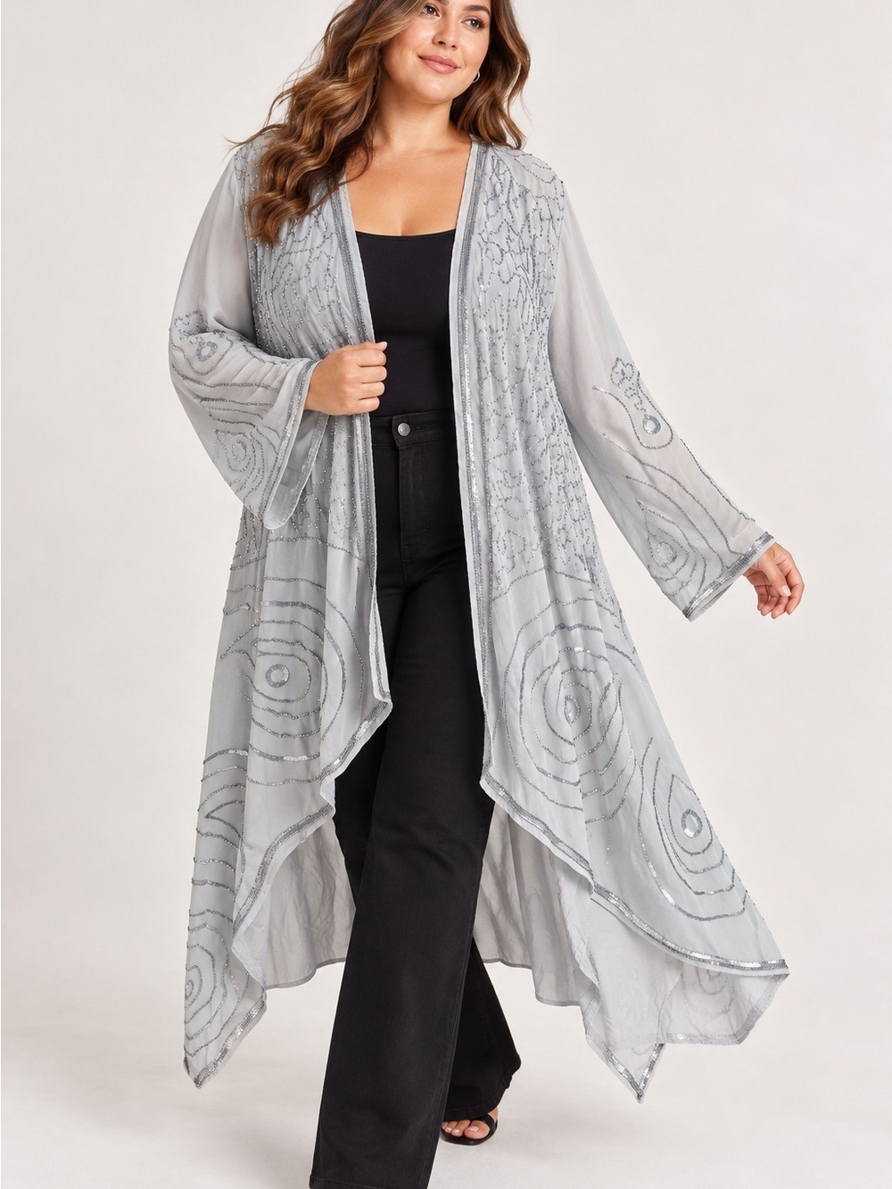 Y2K Roman’s 24W Sheer Gray Beaded Sequin Duster Kimono Jacket Longline Boho Glam